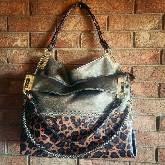 NWOT! Faux Leather Hobo Leopard Print Gold w/Multiple Strap Options & Pockets - Picture 1 of 14